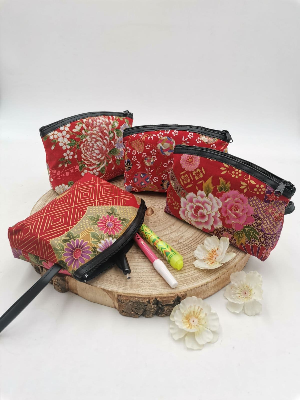 Trousse pochette japonaise coton & simili cuir floral