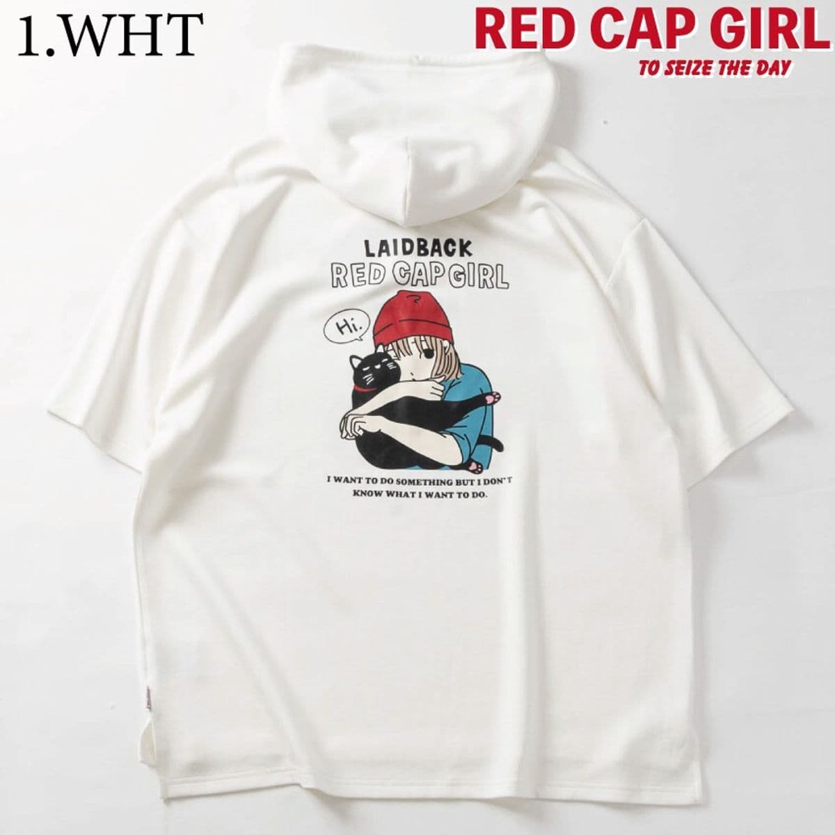 T-shirt à capuche Red Cap Girl motif chat, blanc