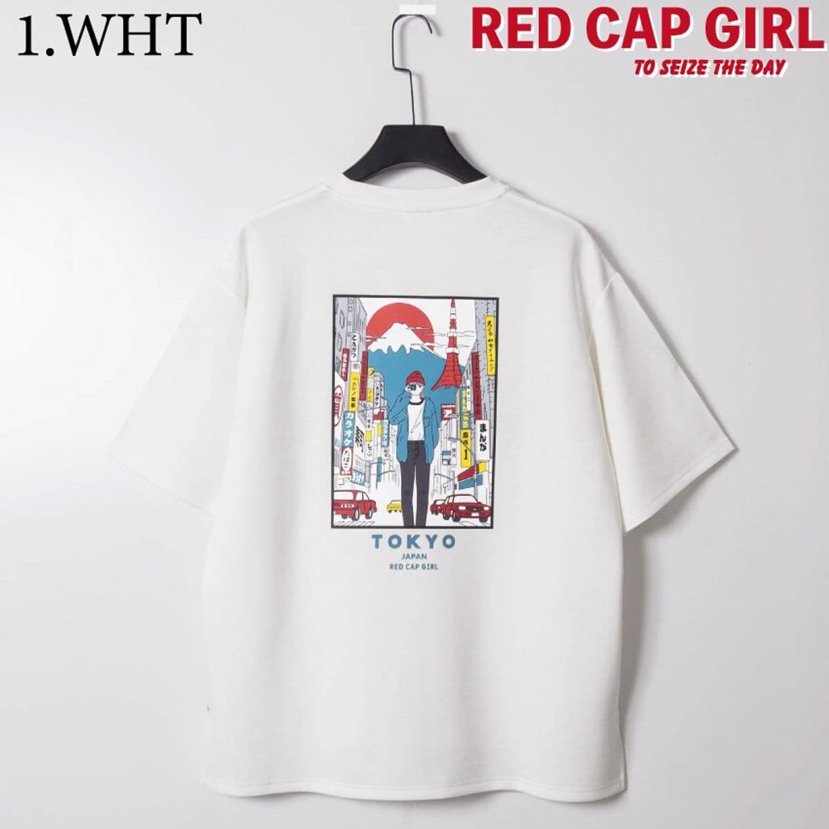 T-shirt Red Cap Girl Street, blanc, dos imprimé Tokyo